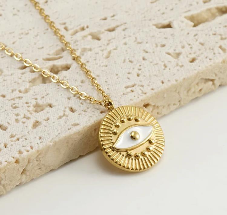 Evil Eye Greek Mati Stainless Steel 18K Gold Round Pendant Necklace