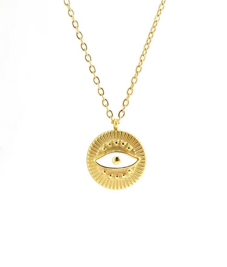 Evil Eye Greek Mati Stainless Steel 18K Gold Round Pendant Necklace