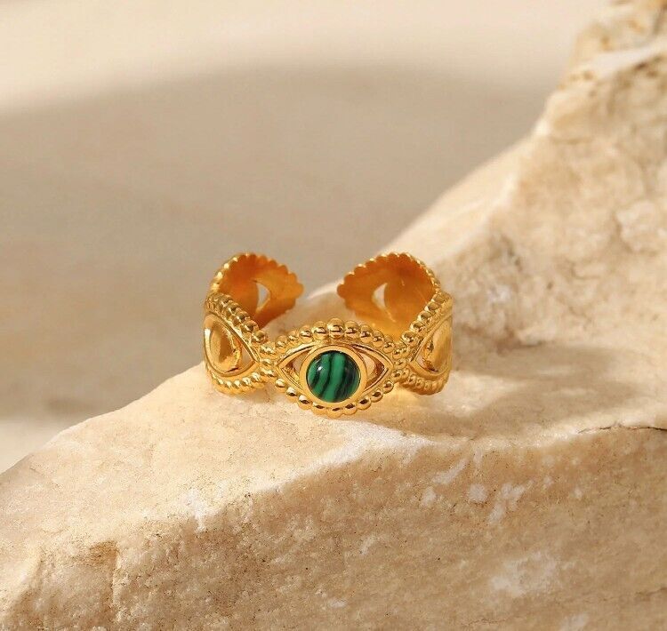 Evil Eye Greek Mati 18K Gold Stainless Steel Green Stone Adjustable Ring