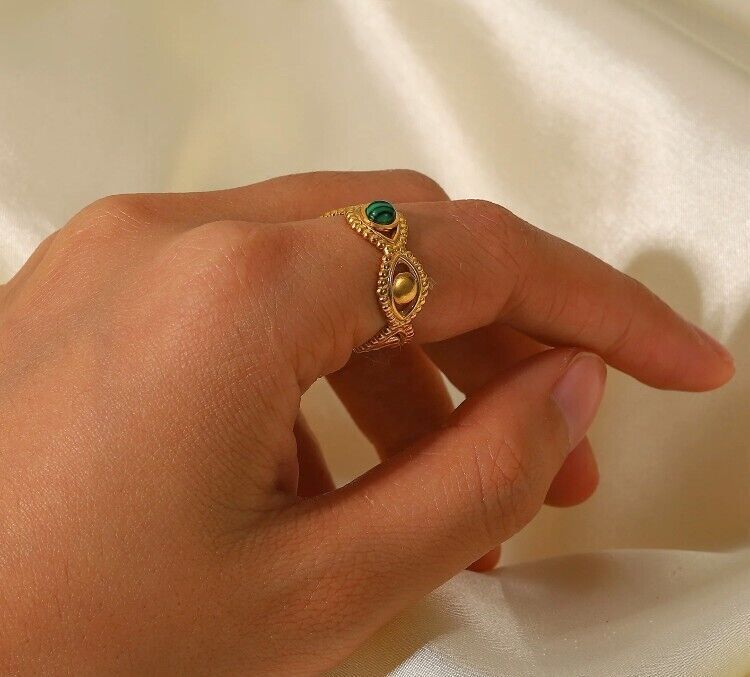 Evil Eye Greek Mati 18K Gold Stainless Steel Green Stone Adjustable Ring