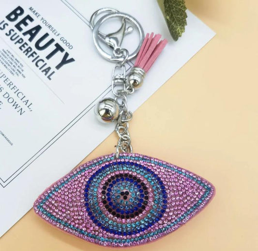 Evil Eye Greek Mati Pink Bling Rhinestone Crystal Keyring Keychain Bag Charm