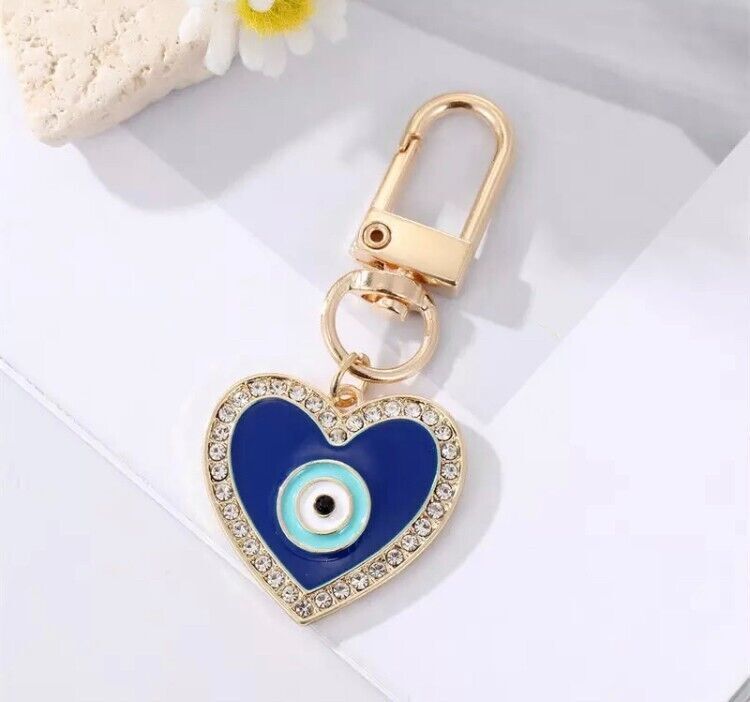 Evil Eye Greek Mati Heart Charm Pendant Keyring