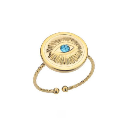 Evil Eye Mati Stainless Steel Coin Shape Blue Adjustable Ring