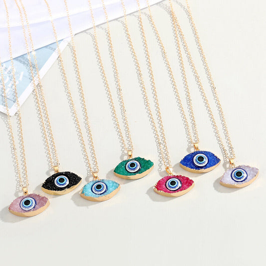 Evil Eye Greek Mati Gold Plated Resin Druzy Stone Pendant Necklace