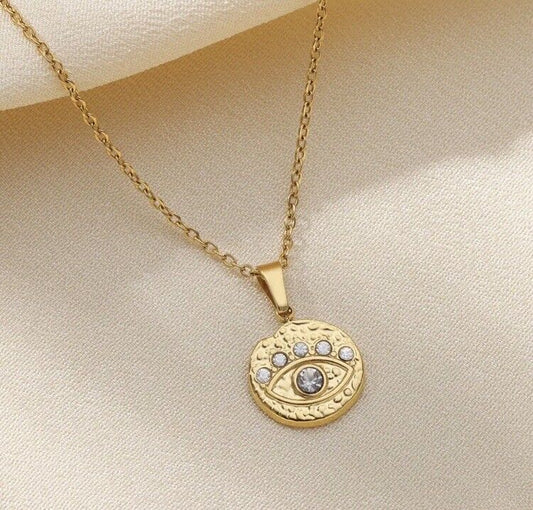 Evil Eye Stainless Steel 18K Gold Round Pendant Necklace