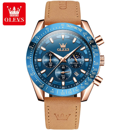 OLEVS Men's Quartz Watch with Brown Leather Strap